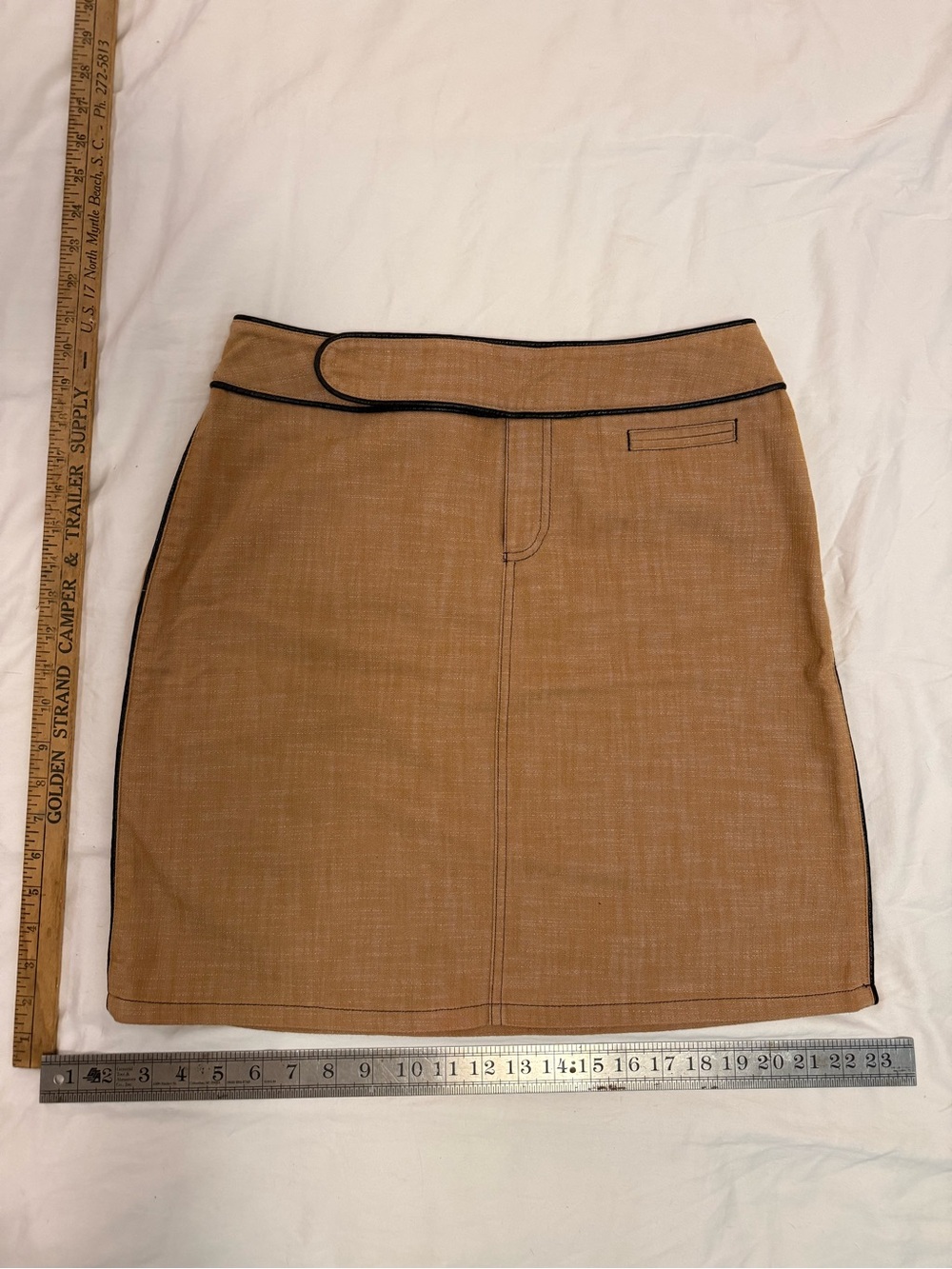 Tan Mini Skirt with Black Faux Leather Piping
